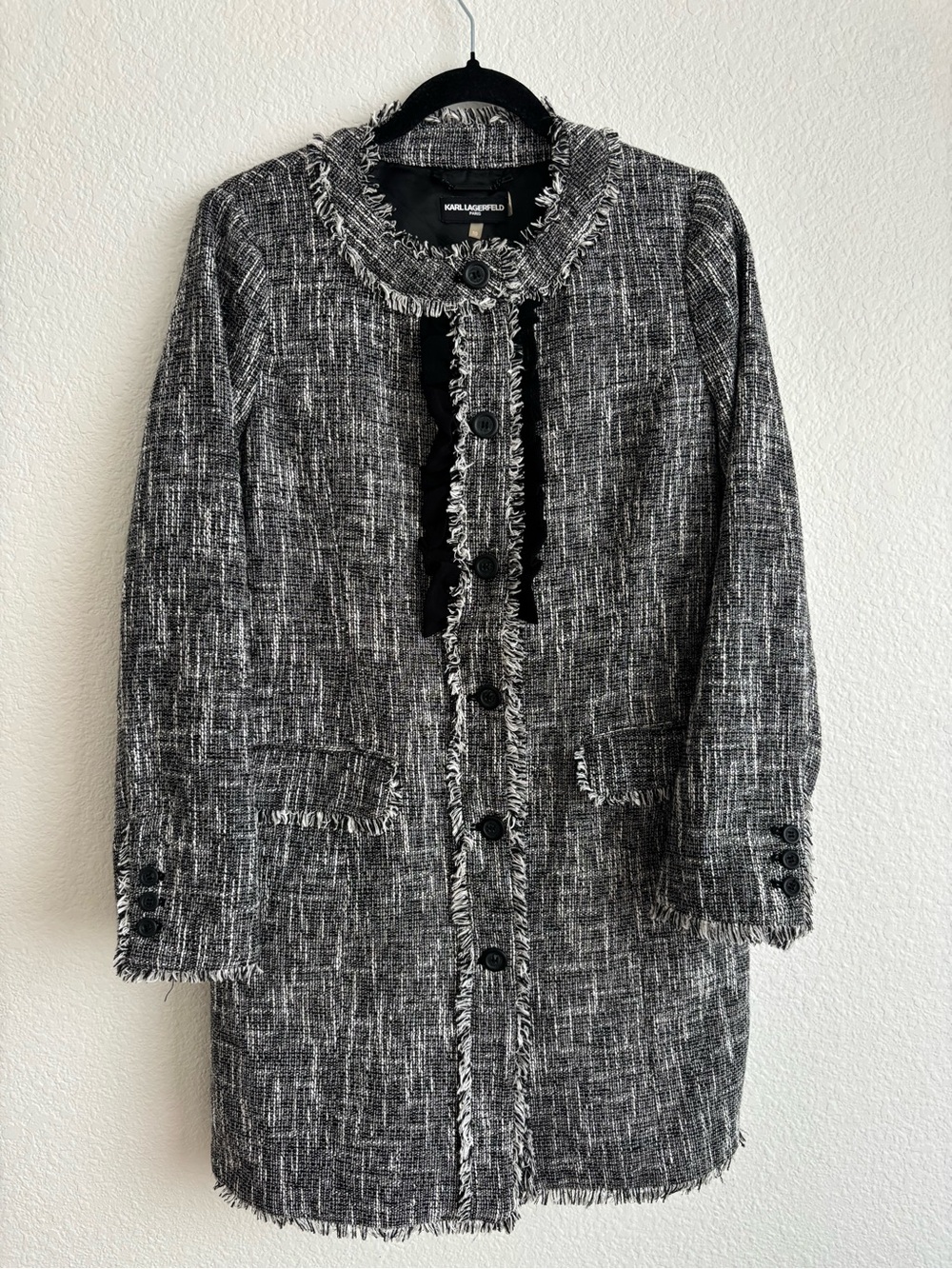 Karl Lagerfeld Black & White Tweed Fringed Coat